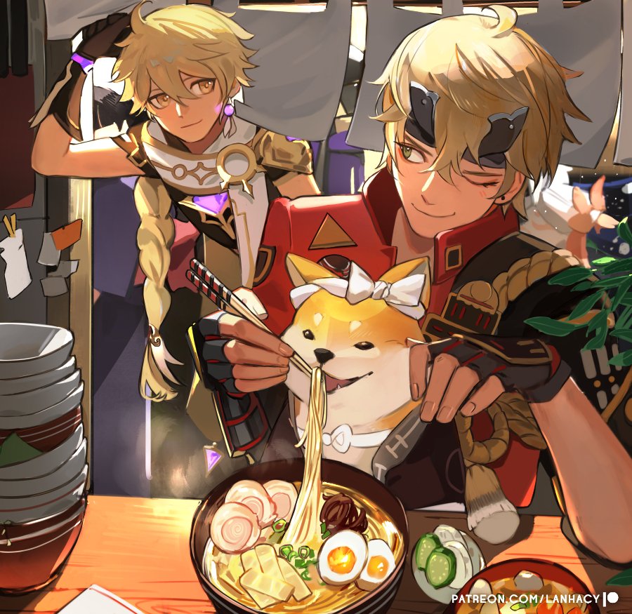 Lanhacy's tweet photo. Aether, Thoma and good boye Taroumaru 🍜 
#GenshinImapct #原神 https://t.co/drcGsm05xJ