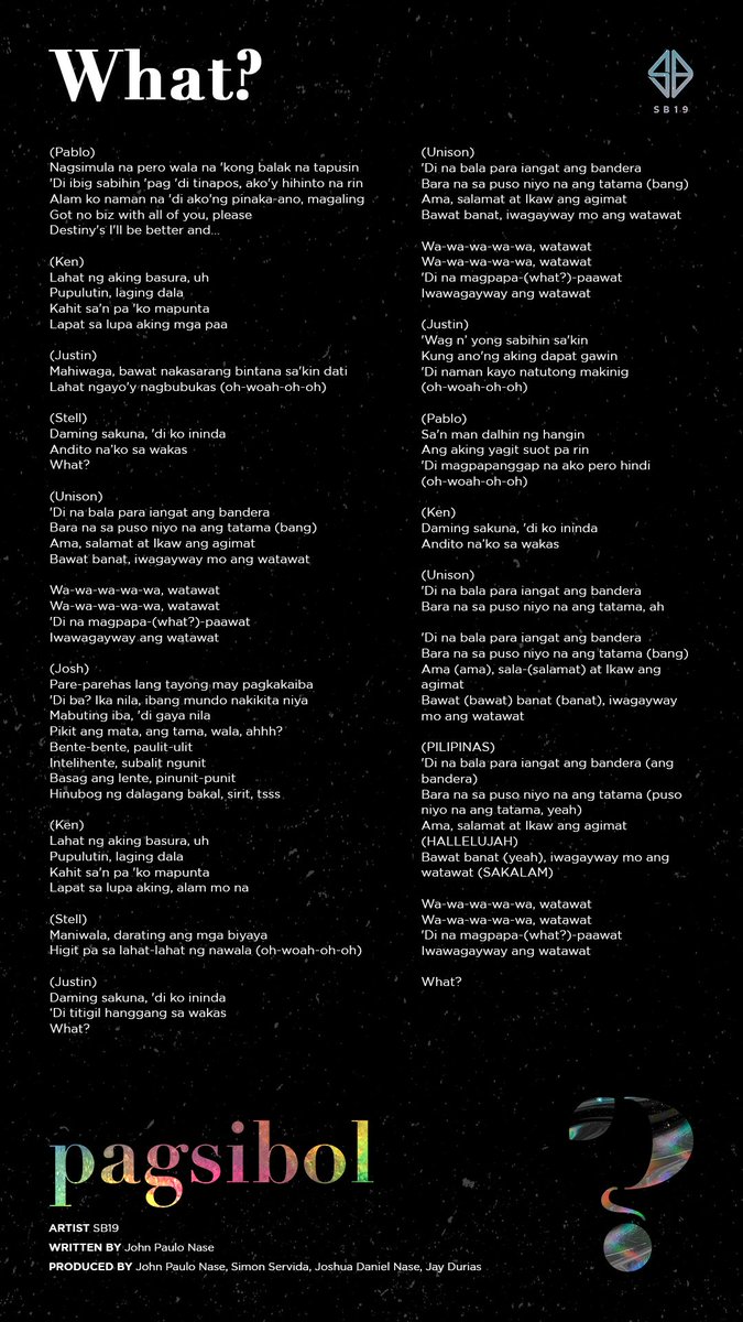 SB19Official's tweet photo. 🎶 #SB19WhatOfficialLyrics

Stream #SB19PagsibolEP on Spotify, Apple Music and more music platforms now!
💿 https://t.co/1Usu3ELAdq https://t.co/Gw0YWPQU51