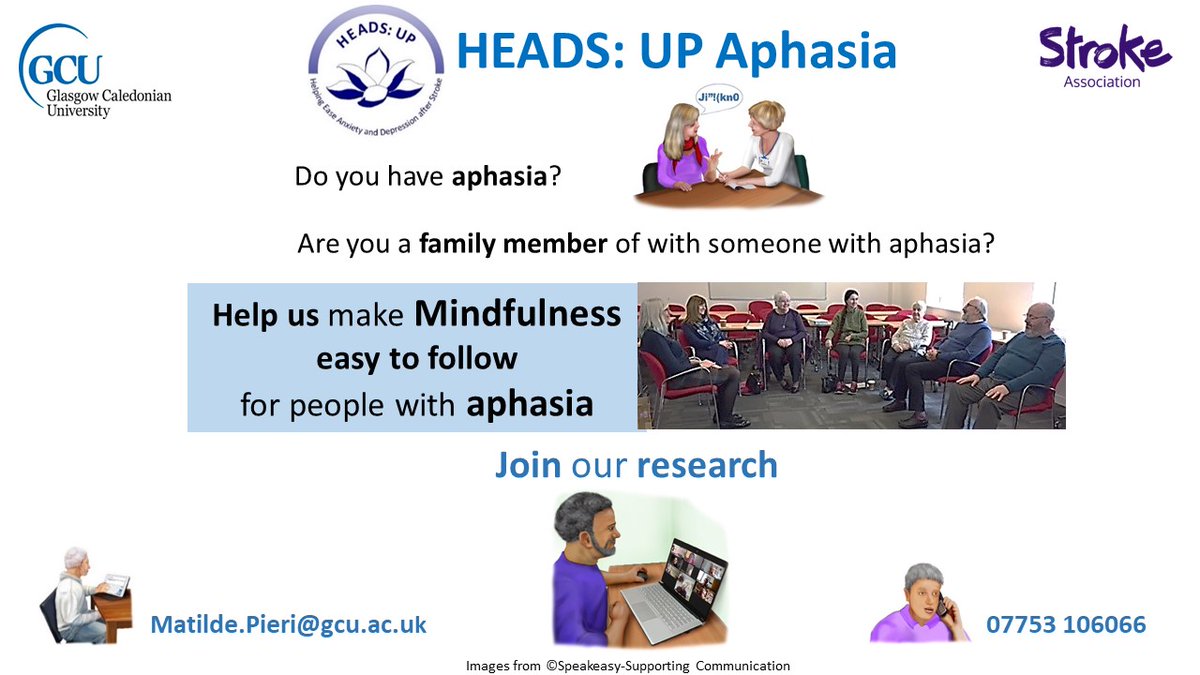 Matilde_Pieri_'s tweet photo. Still looking for people with #aphasia after #stroke and their #family to help us make #Mindfulness easy to engage with. Join our #cocreation #research group 👇
📨Matilde.Pieri@gcu.ac.uk 📲07753106066  @TheStrokeAssoc @CHSScotland @Speakeasy_Bury @Aphasiareconne1 @LivingAphasia https://t.co/AgRGRcrmmy