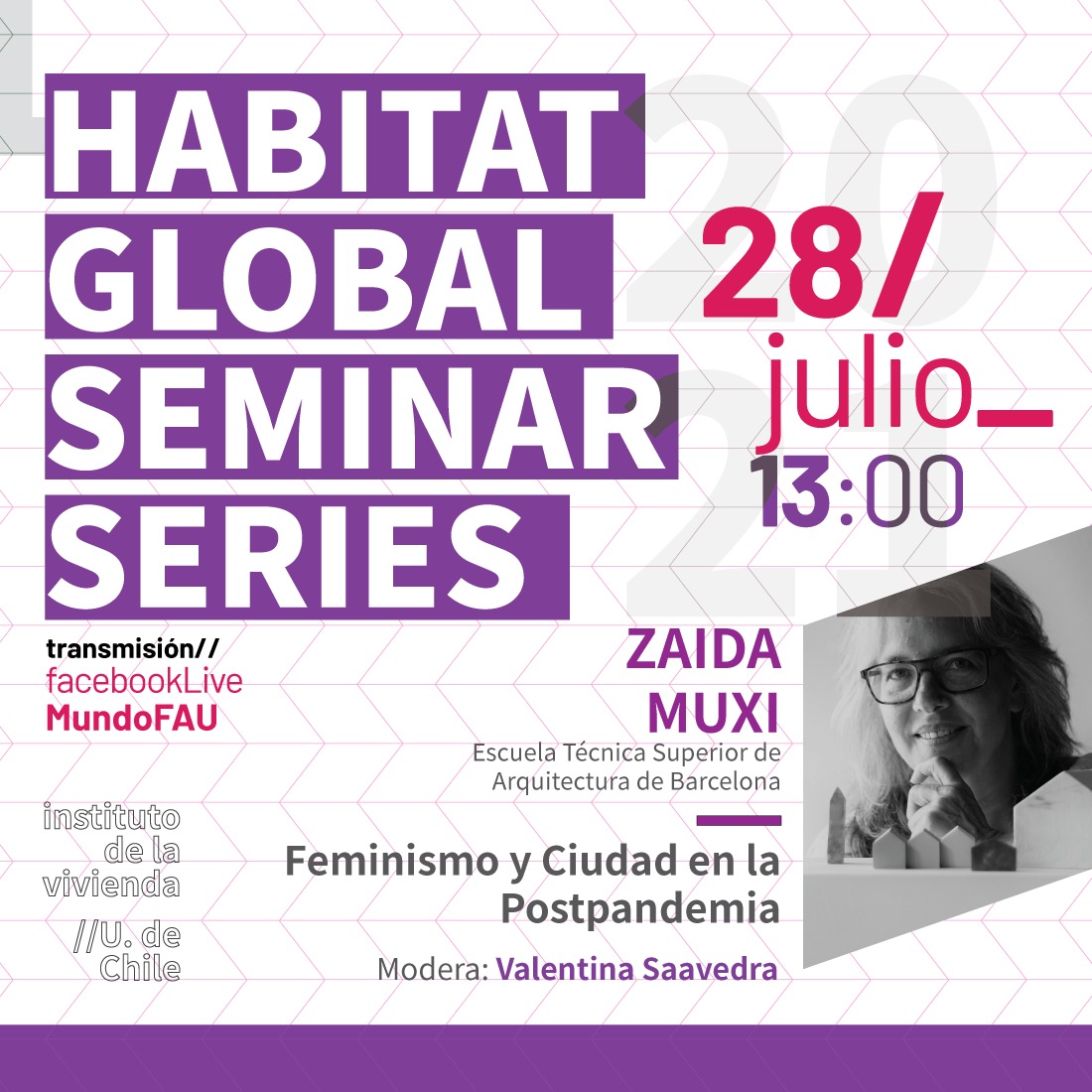 vale_saave's tweet photo. Hoy estaremos conversando con @zaidamuxim sobre Ciudad Feminista en la postpandemia, una reflexión necesaria en el contexto del Seminario de Hábitat Global del @inviuchile. 
A las 13:00h (CL) y 19:00 (BCN) a través del facebook live de @MundoFAU_uchile.
Todes muy invitades💜 https://t.co/VVRwnqbmOc