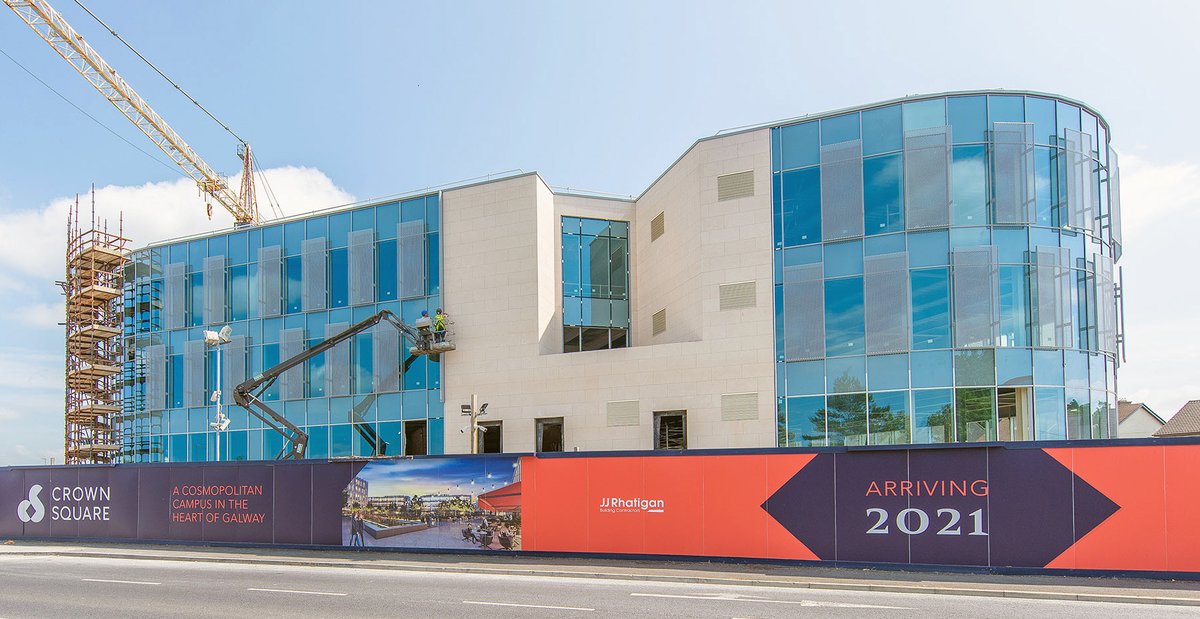 JJRhatigan's tweet photo. The summer sunshine really shows off the new façade on our Crown Square development, Galway. Massive progress has been made on Office Block 2 in recent weeks with the completion of the stone cladding and the installation of the glazing system. #loveconstruction #CrownSquare https://t.co/pZjLjufpFu