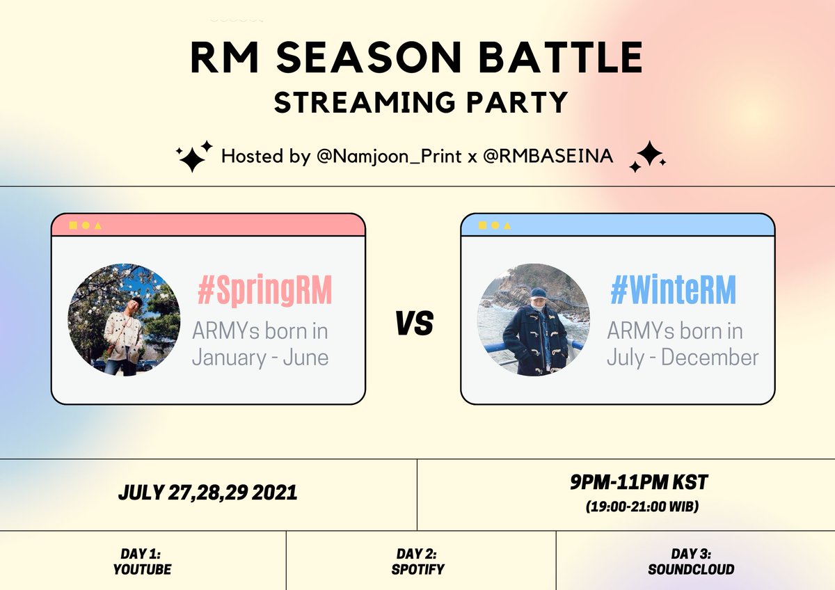 RMBASEINA's tweet photo. 🌸❄️ RM SEASON BATTLE ❄️🌸

Are you ready? Gunakan playlist di bawah ini dan reply dengan hasil screenshot streaming-mu!

Jangan lupa untuk pakai hashtag team-mu juga ya~!!

🌸 #SpringRM : https://t.co/pmwrcft4Ev

❄️ #WinteRM : https://t.co/htrMLiHGZs

#BTS #RM @BTS_twt https://t.co/nqDJ00JwRE