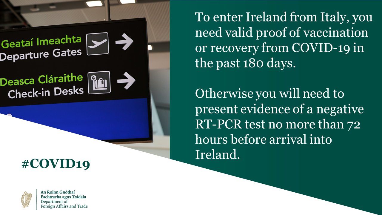 Ireland in Rome on Twitter: "Please note that without an EU Digital Covid  Certificate, valid proof of vaccination, or valid proof of recovery from  Covid-19, you need a negative PCR test result
