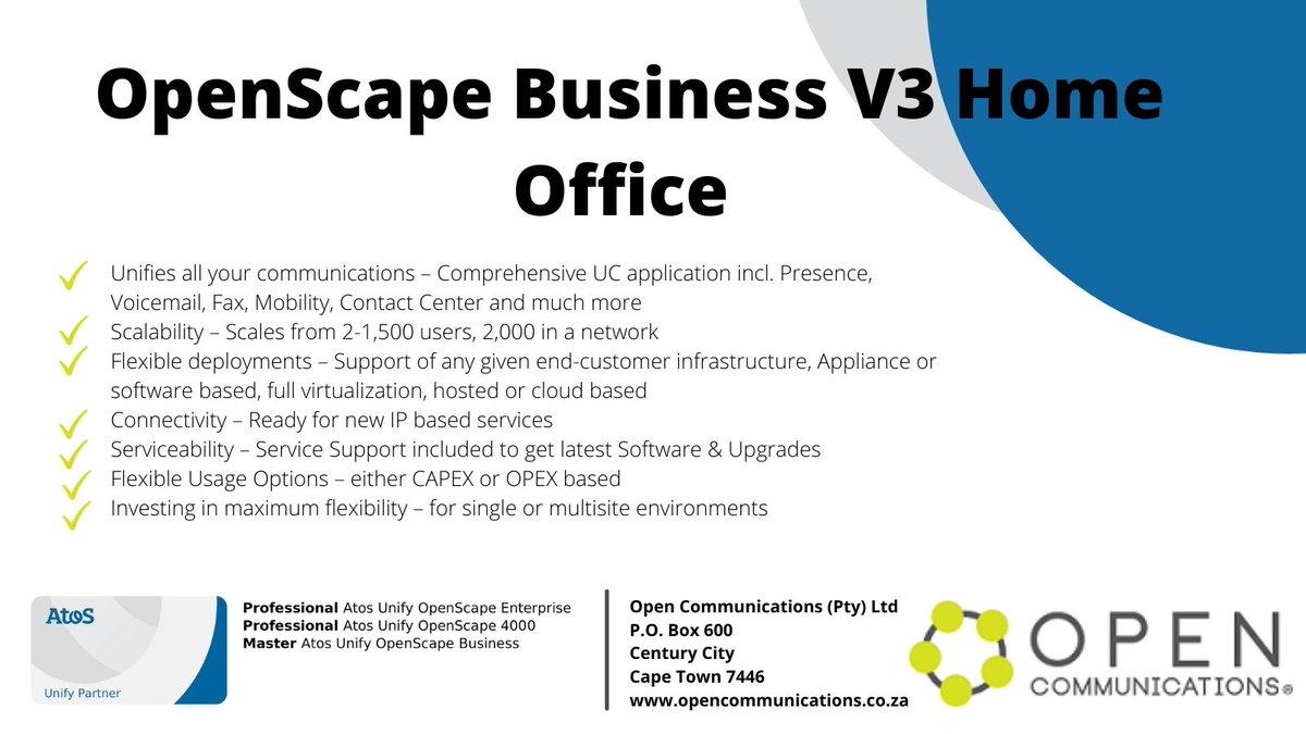 OpenCommsSA's tweet image. OpenScape Business allows you to explore the advantages of cost-saving enterprise voice, productivity-boosting presence, seamless mobility and enhanced collaboration.
Learn more about our solutions lnkd.in/dJJs6aC
#unifiedsolutions #communicationsolutions #business