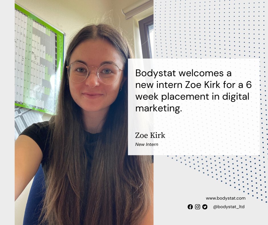 Bodystat_Ltd's tweet photo. Every year we take on an intern through the Manx Internship Programme which aims to help local young people gain valuable experience in an area of their interest. This year we have welcomed Zoe to our team and we are very excited to have her working with us. π€ #intern #bodystat https://t.co/nf2uyUBrHd