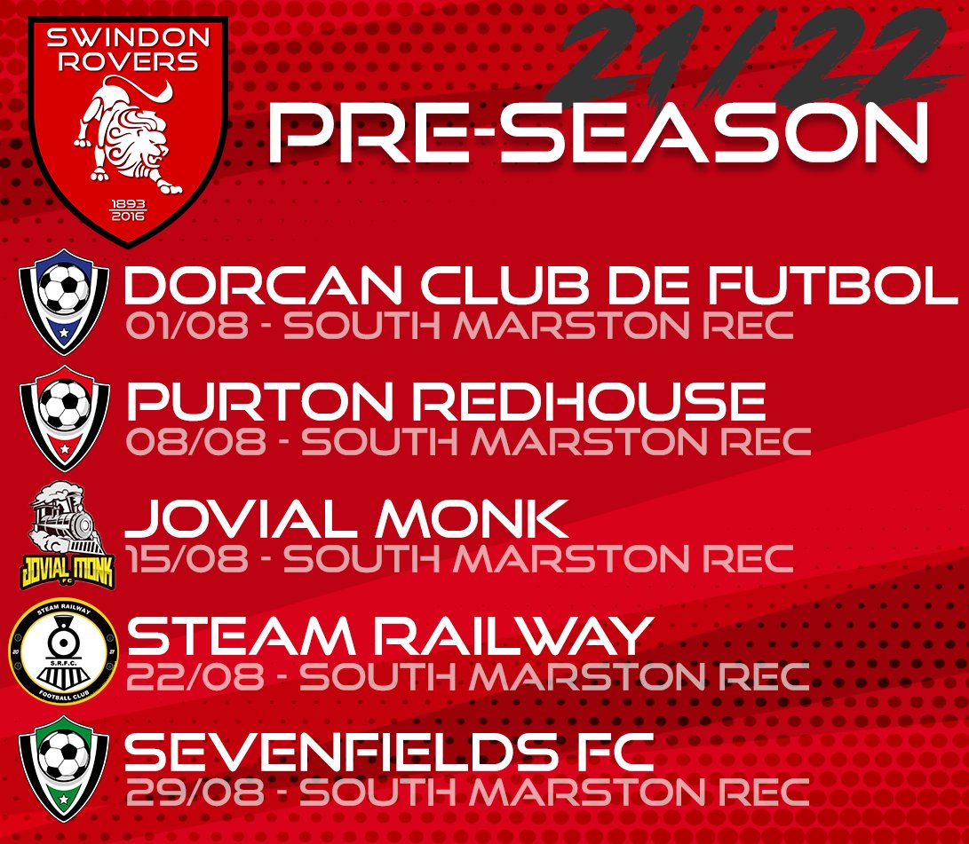 SwindonRovers's tweet photo. 21/22 Pre-season fixtures confirm. Can't wait to get back to it 💪 #uptherovers #football #PreSeason #grassrootsfootball https://t.co/XkTHFyoqbS