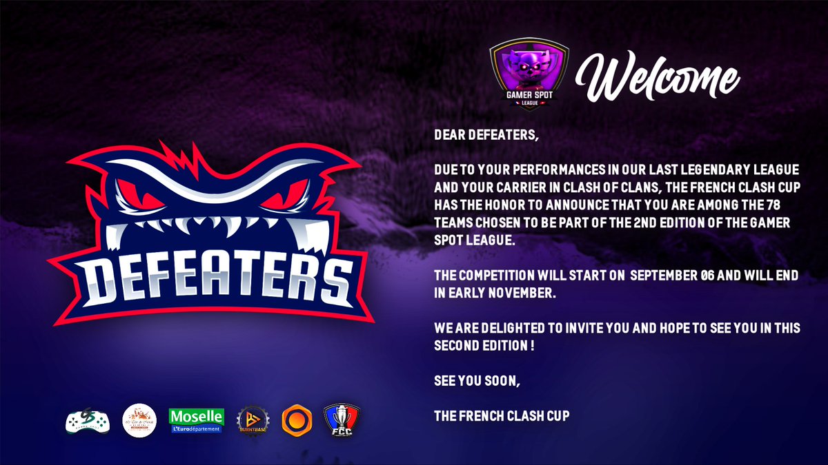 we are super excited and honored to accept this invitation for <a href="/FrenchCup/">French Clash Cup</a> Gamerspot League

Thanks for the invitation!! #DefeatersOP <a href="/DefeatersOP/">Defeaters</a>