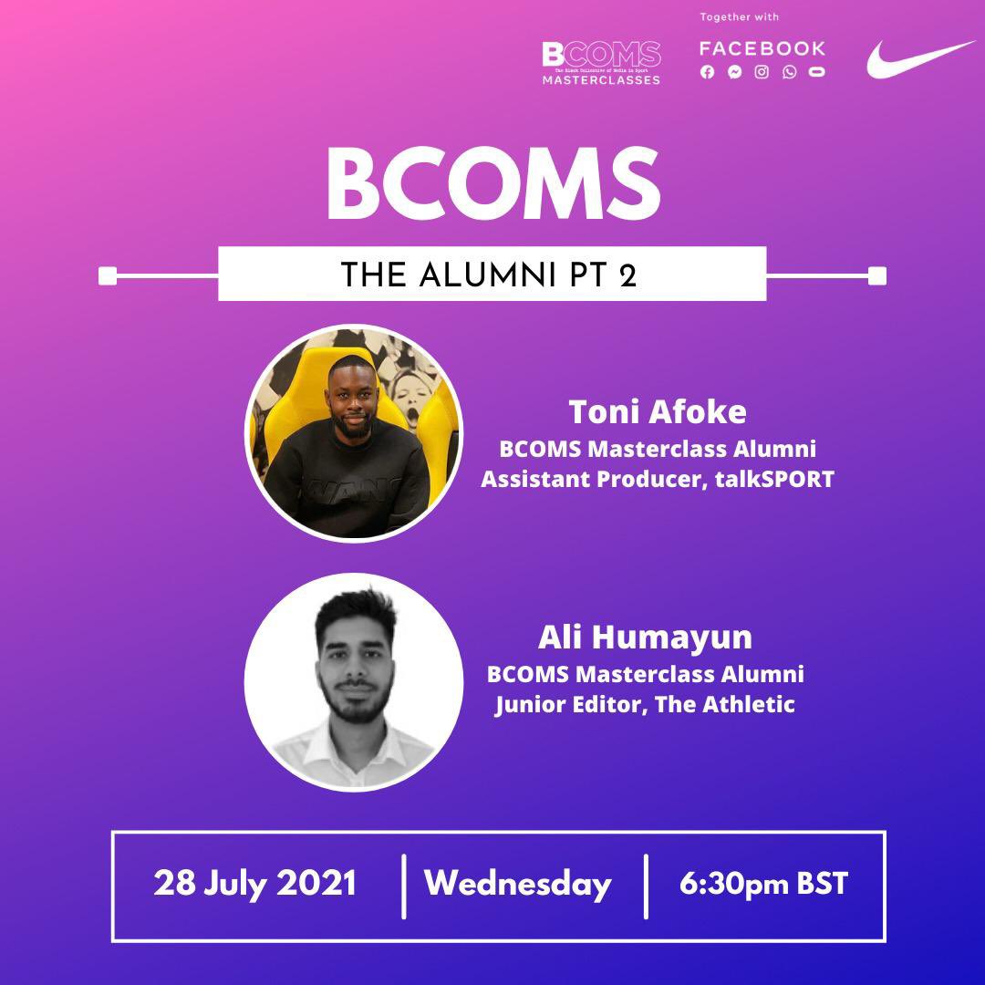 Exciting news as today’s Masterclasses will feature BCOMS Alumni <a href="/ToniAfoke/">Toni Afoké</a> from <a href="/talkSPORT/">talkSPORT</a> &amp; <a href="/alihumayun33/">Ali</a> from the @TheAthleticUK. 

Brace yourselves🙌🏽🙌🏿🙌🏾🙌🏻