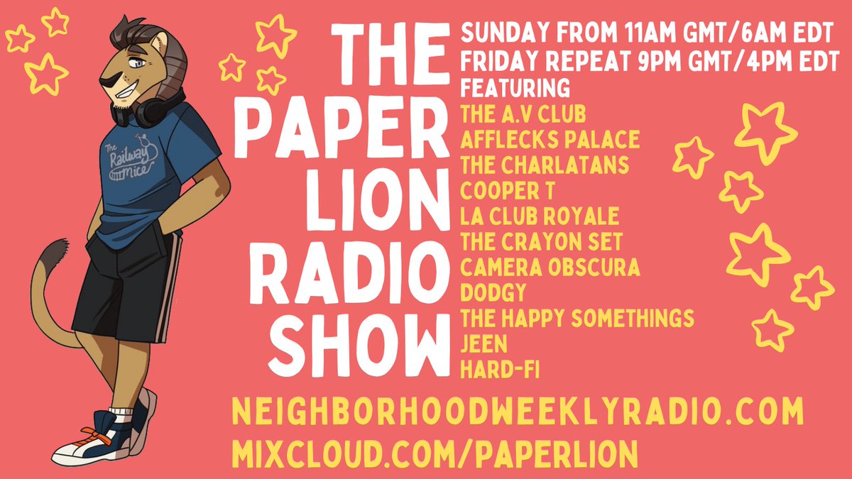 Toby (@paperlion123) on Twitter photo Some lunchtime listening for you at mixcloud.com/paperlion/ My show from last Sunday on neighborhoodweeklyradio.com <a href="/nwrbroadcast/">Neighborhood Weekly Radio</a> featured the wonderful <a href="/thisisjeenmusic/">JEEN.</a> <a href="/THEAVCLUBBAND/">THE A.V. CLUB</a> <a href="/HARD_FI/">Hard-Fi💙</a> <a href="/afflecks_palace/">Afflecks Palace</a> <a href="/DodgyUK/">DODGY</a> <a href="/coopercooper_t/">Cooper T</a> <a href="/LaClubRoyale/">ʟᴀ ᴄʟᴜʙ ʀᴏʏᴀʟᴇ 👑</a> <a href="/TheCrayonSet/">The Crayon Set</a> <a href="/somehappything/">The Happy Somethings</a> Some lunchtime listening for you at mixcloud.com/paperlion/ My show from last Sunday on neighborhoodweeklyradio.com <a href="/nwrbroadcast/">Neighborhood Weekly Radio</a> featured the wonderful <a href="/thisisjeenmusic/">JEEN.</a> <a href="/THEAVCLUBBAND/">THE A.V. CLUB</a> <a href="/HARD_FI/">Hard-Fi💙</a> <a href="/afflecks_palace/">Afflecks Palace</a> <a href="/DodgyUK/">DODGY</a> <a href="/coopercooper_t/">Cooper T</a> <a href="/LaClubRoyale/">ʟᴀ ᴄʟᴜʙ ʀᴏʏᴀʟᴇ 👑</a> <a href="/TheCrayonSet/">The Crayon Set</a> <a href="/somehappything/">The Happy Somethings</a>