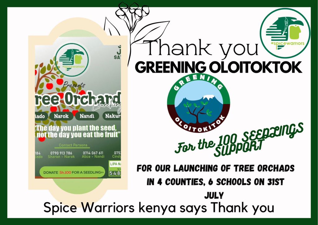 anitasoina's tweet photo. The launch of #SpiceWarriorsOrchards will be possible because of your support! Thank you so much @greeningoloitoktok for coming in for us ! We appreciate! You
Mucho Graciàs !
#TheGreenwar #spicewarriorske #spicewarriors #fruits #trees #children #anitasoina #nature #environment https://t.co/HDjdqnYZUq