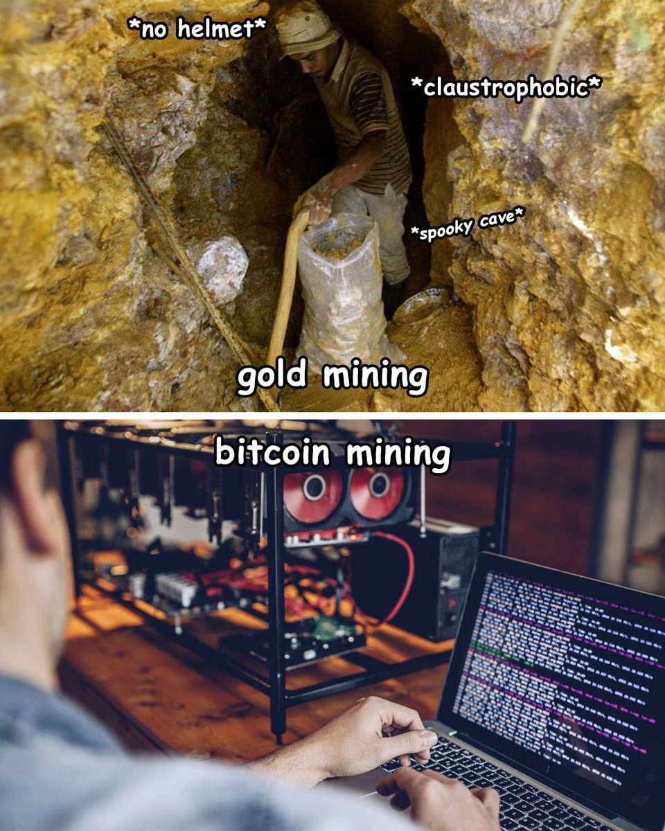 Gold mining risks: possible death

Bitcoin mining risks: spilling your coffee on the table 😂

#Bitcoin is not digital gold, it’s better than gold!