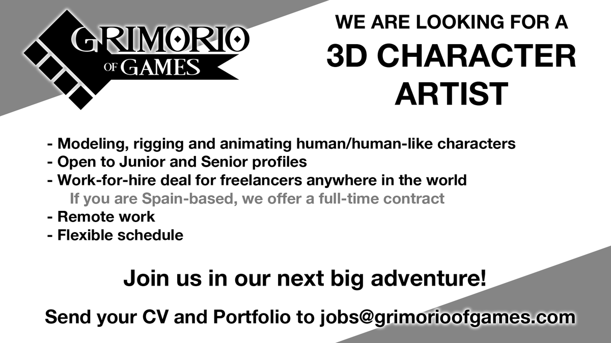 GrimorioG's tweet image. 🚨WE ARE HIRING!🚨
We are looking for a 3D Character Artist for our next unannounced project
✅Junior/Senior profiles
✅Anywhere in the world
✅Lowpoly models
ℹ️grimorioofgames.com/jobs/
📩jobs@grimorioofgames.com
Please tag and RT #gamedev #gamedevjob #JobAlert #lowpoly