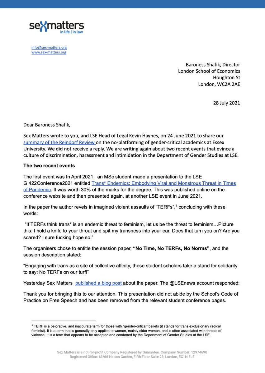 SexMattersOrg's tweet photo. We have written to Minouche Shafik, Director of @LSEnews about recent events 

We are calling for LSE to commission an independent review and commit to ensuring there is no a hostile environment for gender critical staff, faculty &amp; students  

 cc @EHRC and @officestudents https://t.co/XxuOOqkCe6