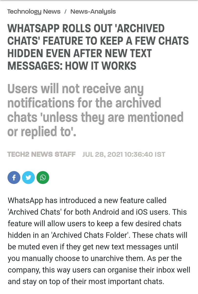harjasnagi's tweet photo. @WhatsApp archive chats not giving notifications. Not a useful update for people like me.

Missed so many messages due to this in last 24 hrs. https://t.co/EreYhV46Rv
