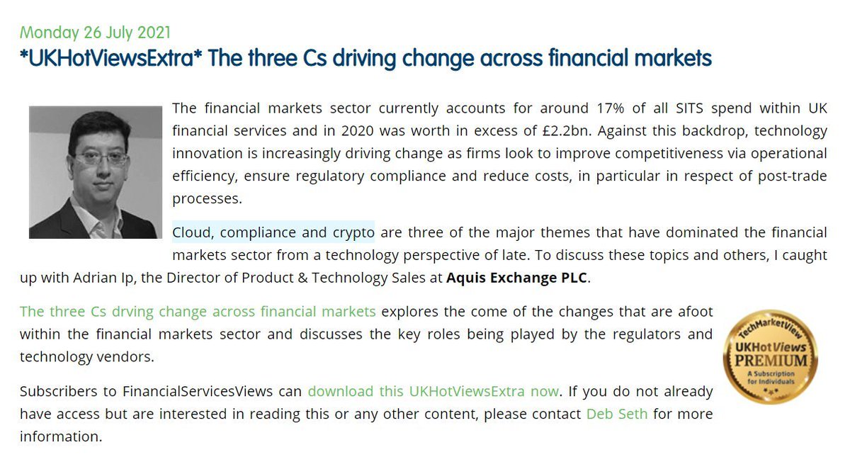 Aquis Tech Sales Head <a href="/adeyip/">Adrian Ip</a> discusses Cloud, Compliance &amp; Crypto with @TechMarketView - read more: bit.ly/3rGxUwo