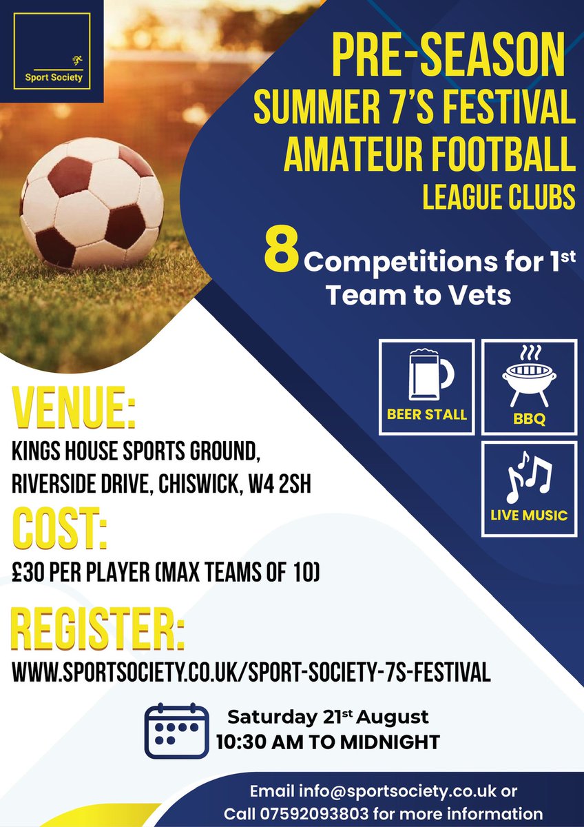 Teams filling up for the Summer Sevens Festival on Saturday August 21st at King's House Sports Ground. Secure your place at sportsociety.co.uk/sport-society-… @TheSAL1907 @ArthurianLeague #football  #SAL #AFA