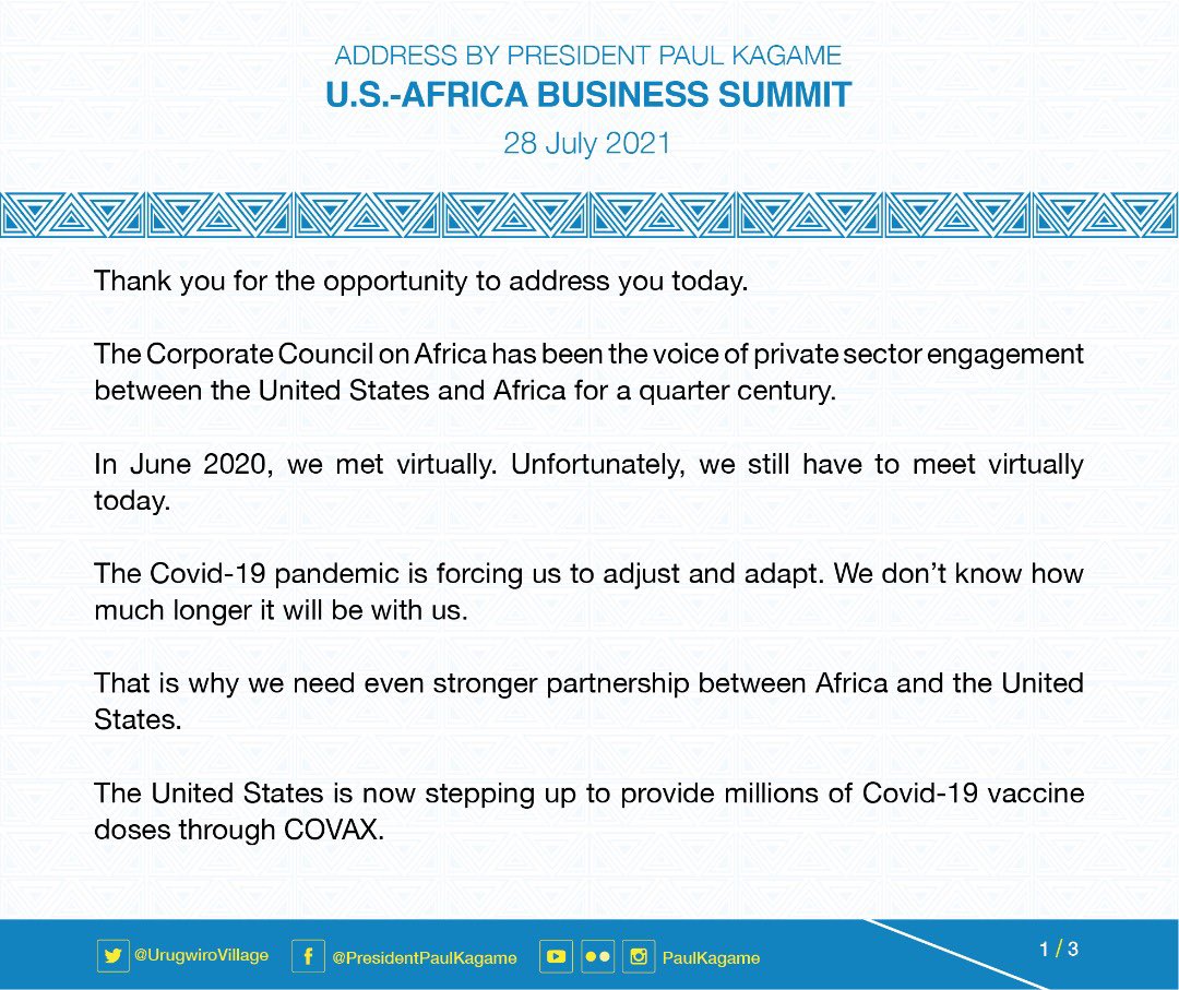 UrugwiroVillage's tweet photo. “Let’s use the urgency of this moment to identify similar opportunities for partnership, focusing especially on the young men and women on both our continents who see solutions, where others only see problems.” President Kagame | @CorpCnclAfrica’s #AfricaBizSummit. https://t.co/WD3vbqfboz