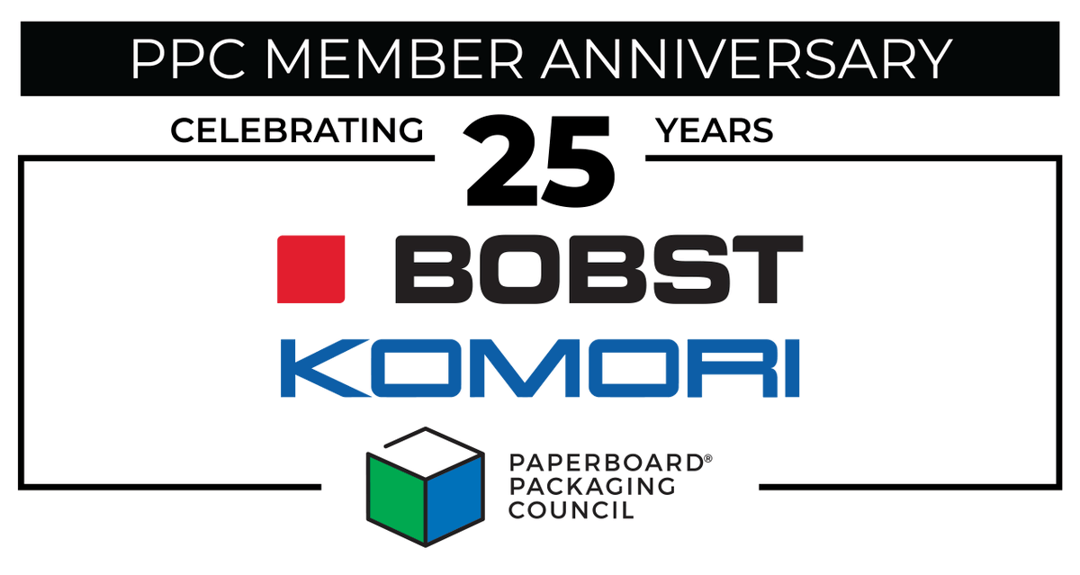 paperboardpkg's tweet photo. PPC champions all #paperboard supporters! We're glad to recognize Associate Members, @BOBSTglobal &amp; @KomoriAmerica who are celebrating their 25th year with PPC. Thank you for your support! Interested in joining? Learn about membership benefits here: https://t.co/1gVz2cF78B https://t.co/xzXb0vUxz8