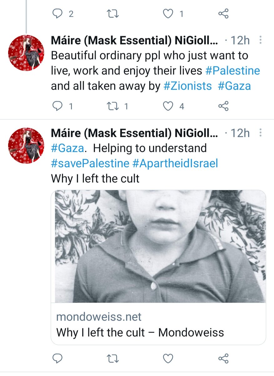 JeSuisToryScum's tweet image. The problem as told in two tweets:
Palestinians are beautiful ordinary people who just want to live their lives. Israelis are "a cult" and not part of the human race. 
This is #demonisation and #antisemitism, serves to exacerbate the conflict, &amp;amp; justify the liquidation of Israel.