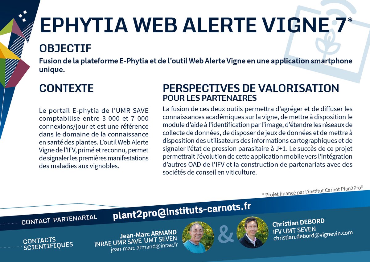 [Attractivité] 8/9

E-PHYTIA WEB ALERTE VIGNE 7 : application smartphone participative de suivi de l'apparition des principales maladies de la vigne.