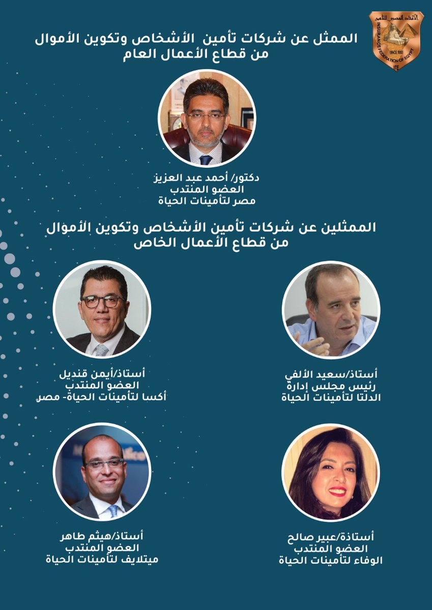 التشكيل الجديد لمجلس ادارة الاتحاد المصري للتأمين عن الفترة 2021-2025 المنتخب فى اجتماع الجمعية العمومية رقم 86 للاتحاد المصري للتأمين بتاريخ 27/7/2021.