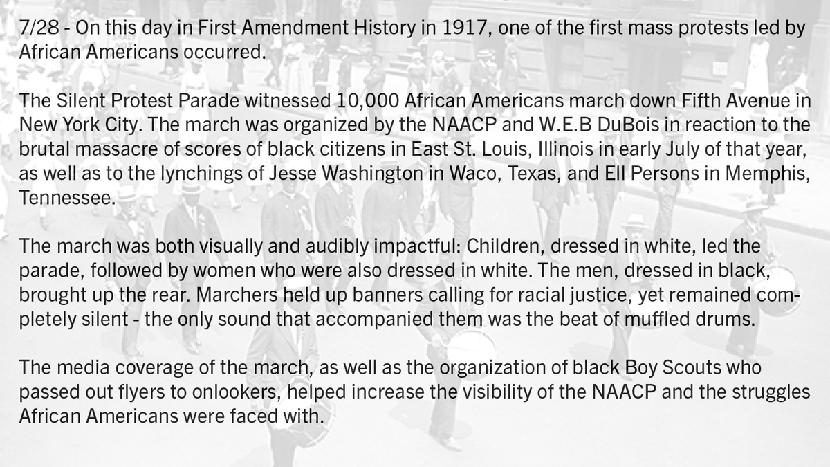 1stAmendmntMus's tweet photo. 7/28 - On this day in First Amendment History in 1917, one of the first mass protests led by African Americans occurred. #SilentProtestParade #RighttoAssemble #FirstAmendmentFreedoms #NAACP https://t.co/KCaacBDp5Y