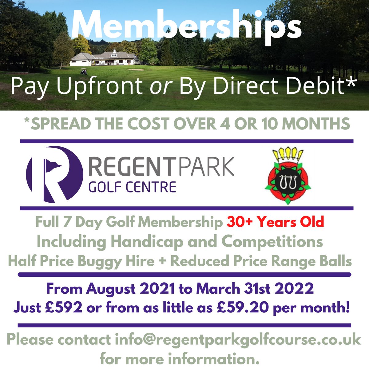 Great deals on Memberships! Join from August 2021 - 31st March 2022 and get members' rates on Buggies and half-price Range Balls, plus much more! Pay upfront or spread the cost over 4 or 10 months. Please contact info@regentparkgolfcourse.co.uk for more information.