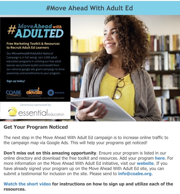 Get your program on the map and increase your enrollment #'s by signing up for the free Move Ahead with Adult Ed campaign.  We are placing #google ads encouraging adult learners to attend adult ed programs. Short video below for more information. youtu.be/GFQ8P0F8u8w <a href="/coabehq/">COABE</a>