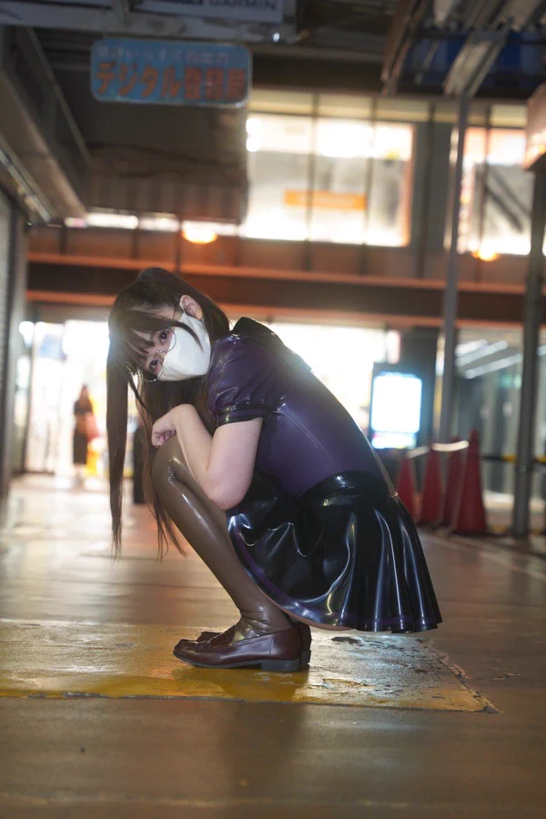 Madoka Tsukimiya,cosplay,latex outfit,purple and black,city scene,crouching