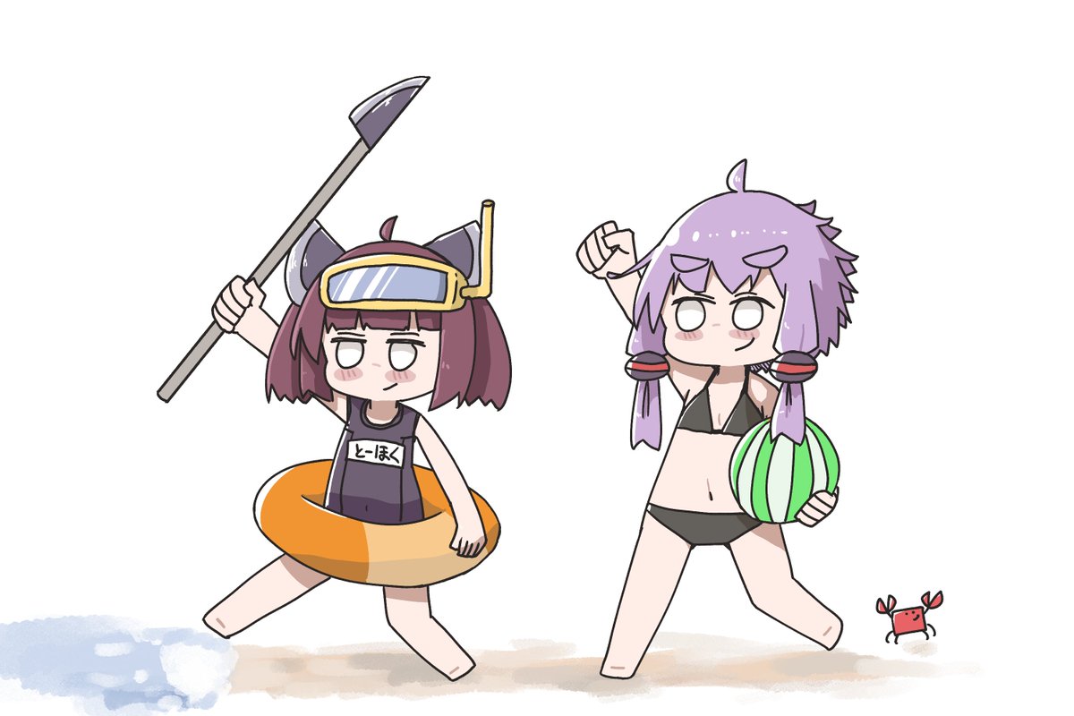 東北きりたん ,結月ゆかり 「海だー!! 」|毛玉猫🍄＠Skeb募集中のイラスト