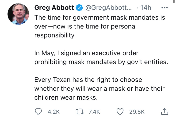 AshDRoss's tweet photo. @JohnWFerguson This is what happens with leadership like ours. I just wish every Texan had the right to choose whether they get covid or not as we go back to work and school among folks with very different ideas of ‘personal responsibility’. https://t.co/9krhncKWmn