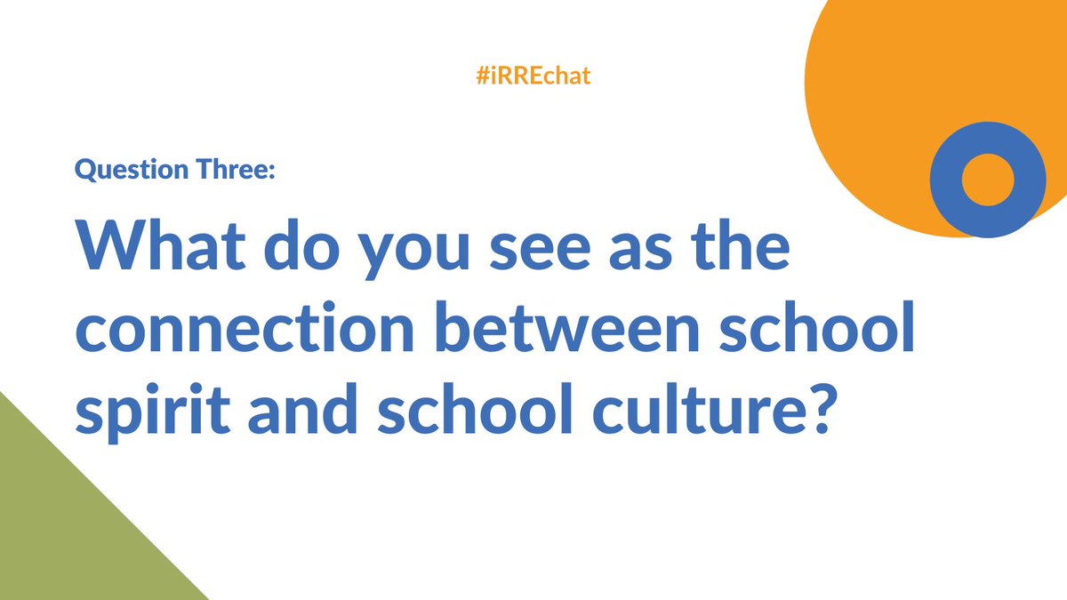 InstResReform's tweet photo. Welcome to #irrechat! We look forward to hearing your reflections on today's prompt and remember to use #irrechat.

Q3: What do you see as the connection between school spirit and school culture? 

#SEL #edchat #teachers #edleaders #engagement https://t.co/b3RhkLYdEY