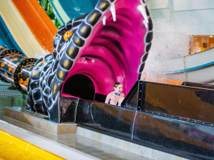 Wyddoch chi fod y sleid Anaconda yn hollol dywyll y tu mewn? Ydych chi’n teimlo’n ddewr?