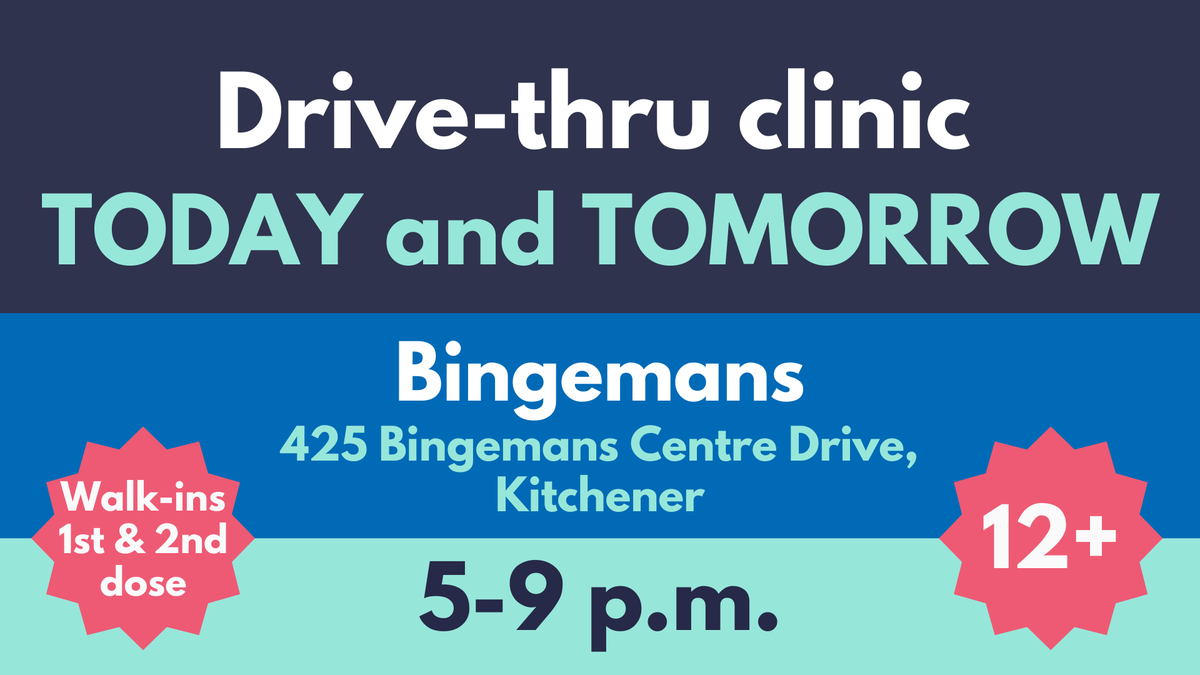 ROWPublicHealth's tweet photo. The drive-thru clinic at Bingemans is open today and tomorrow. Come by car, bike or @GRT_ROW.
➡️Open 5 to 9 p.m.
➡️1st and 2nd doses
➡️Pfizer (12+)
➡️Drive-thru/walk-in only (no appts)
💙#TeamVaccineWR: Bring a family member, friend, or neighbour! 
https://t.co/vLuNl4k2jU https://t.co/xgURLjCAc9