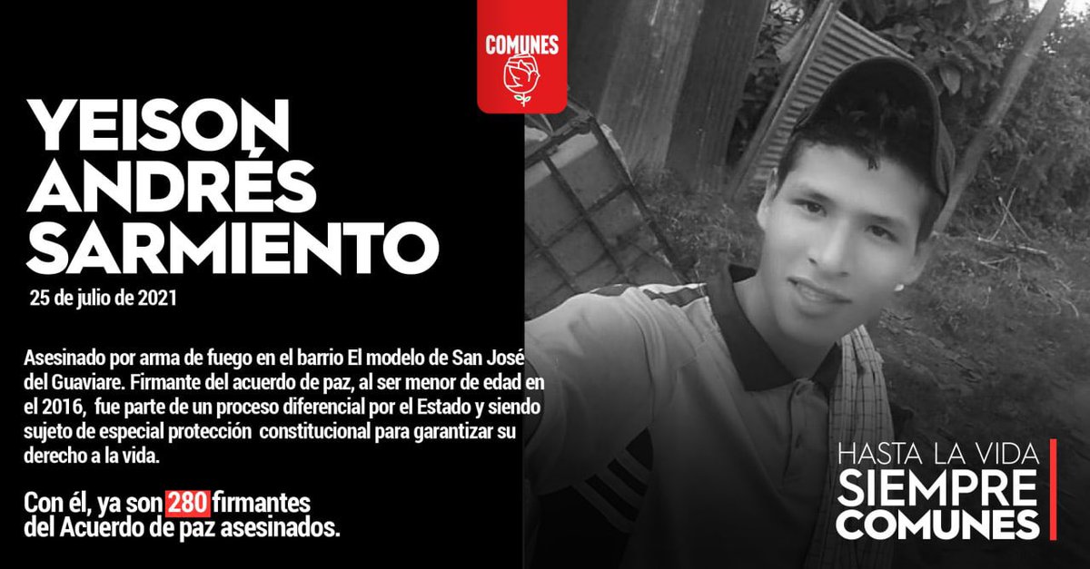 Yeison,casi un niño. Lo mataron en San José del Guaviare y le cambiaron sueño de paz, x sueño sin vida ni regreso. 280 firmantes de paz asesinados y Duque desconectado de la realidad auto alaba supuesta gestión. En 🇨🇴 ni muerte ni cinismo tienen límite. <a href="/DefendamosPaz/">DefendamosLaPazColombia</a> <a href="/ComunesCoL/">Partido COMUNES 🌹</a>