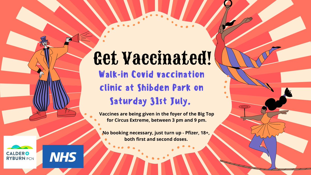 CalderRyburnPCN's tweet photo. Are you going to Circus Extreme at Shibden Park this Saturday? We are! 🎪🎪🎪
Come and grab-a-jab in the Big Top foyer! 
#walkinvaccinationclinic #getvaccinated #covidvaccination https://t.co/qV1lR8lDPx