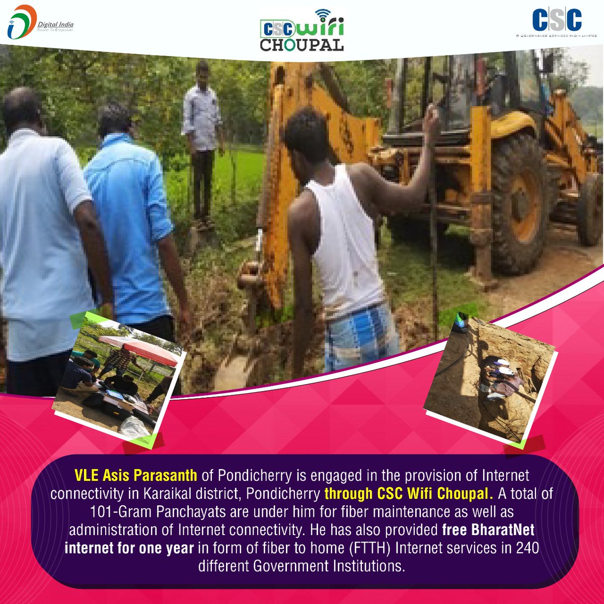 CSCegov_'s tweet image. VLE Asis Parasanth of #Pondicherry is engaged in the provision of Internet connectivity in Karaikal district, Pondicherry through #CSCWifiChoupal. He has also provided free #BharatNet internet for one year in form of fiber to home(FTTH) Internet services in 240 Govt Institutions.