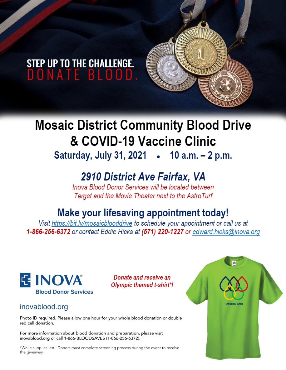 InovaHealth's tweet photo. #StepUpToTheChallenge at @mosaicdistrict Blood Drive & COVID-19 Vaccine Clinic this SATURDAY (7/31) — 10 am-2pm.
Make your lifesaving appt: https://t.co/PvVu67OShZ or call 1-866-256-6372.
No appt required to receive COVID-19 vaccine. Photo ID required.
@InovaBlood https://t.co/evfqdw5q2A