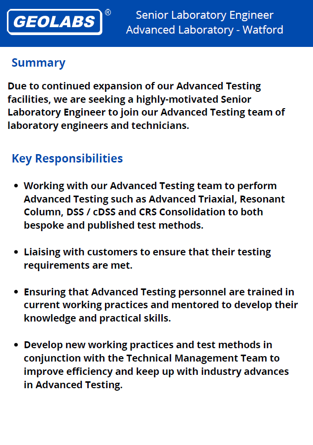 GeolabsLimited's tweet photo. We are looking for a Senior Laboratory Engineer to join our Advanced Testing team within the @GeolabsLimited Watford Laboratory.
For a more detailed description and details of how to apply, please visit https://t.co/EbimSe98wN.  #testing #soiltesting #advancedtesting #geolabs https://t.co/zHIqCojLb3