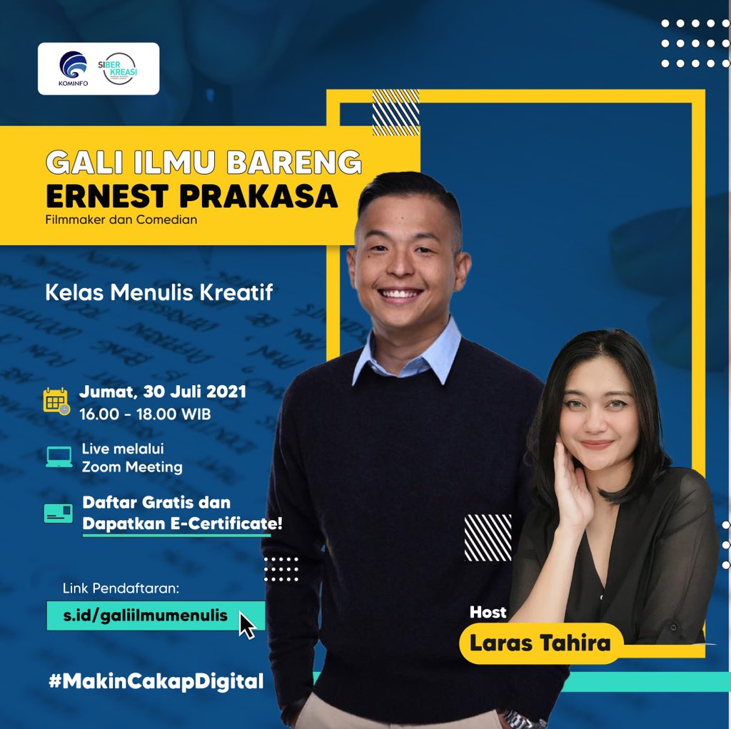 Kelas menulis kreatif bersama sutradara, penulis, stand up comedian &amp; aktor keren Ernest Prakasa. Gratiss..!!

Daftar di: event.literasidigital.id/form/6371