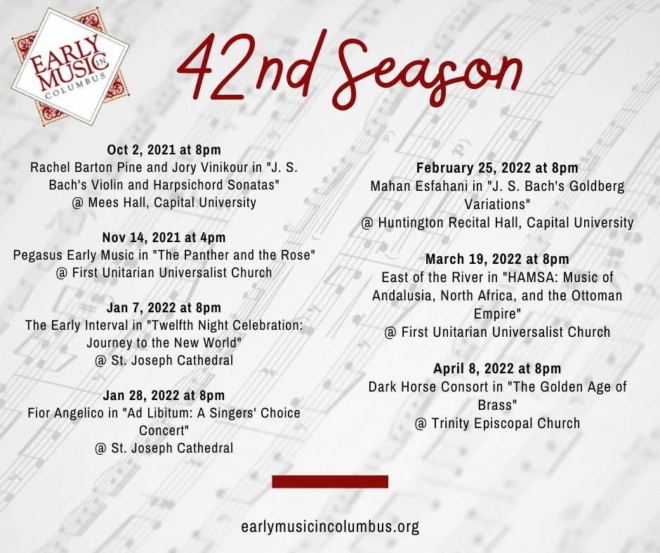 Mark your calendar for the following dates! We hope to see you in the crowd this year!
To snag your tickets early, or for any further information, follow the link: earlymusicincolumbus.org 
#asseenincolumbus #columbusohio #columbusart