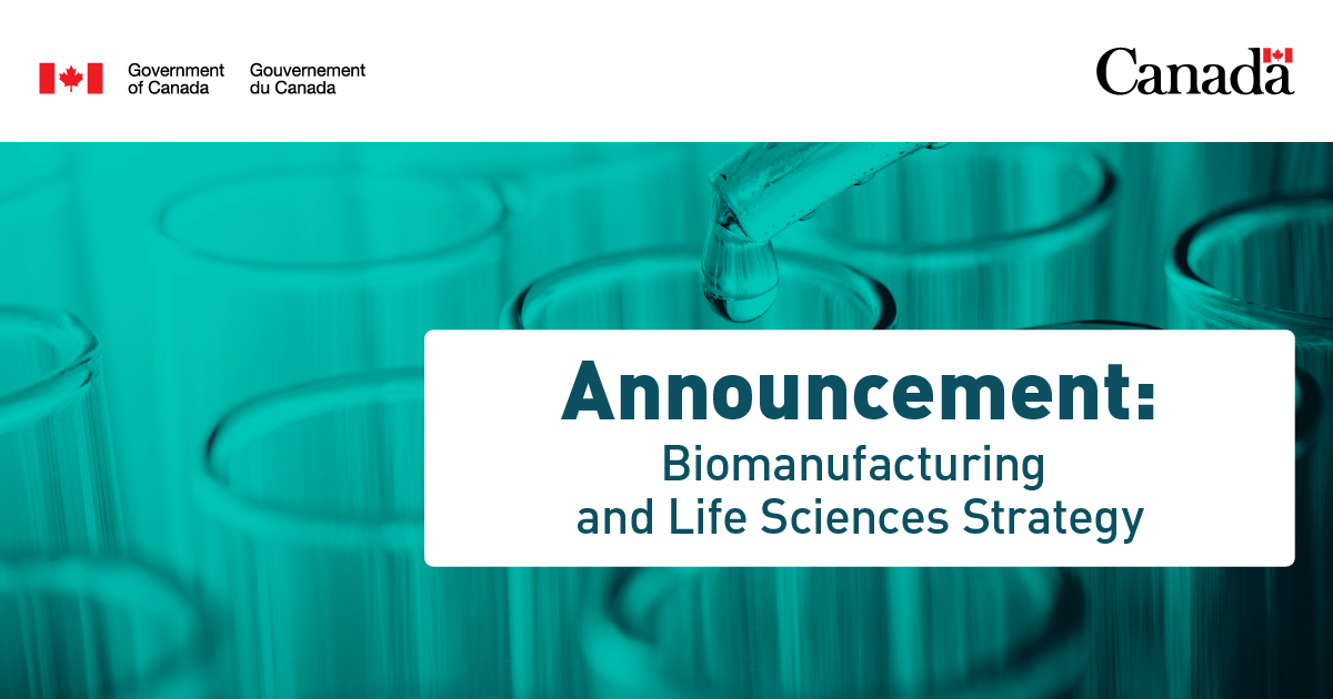 Pipette dropping liquid into a series of test tubes beside a microscope. With text: Announcement - Biomanufacturing and Life Sciences Strategy