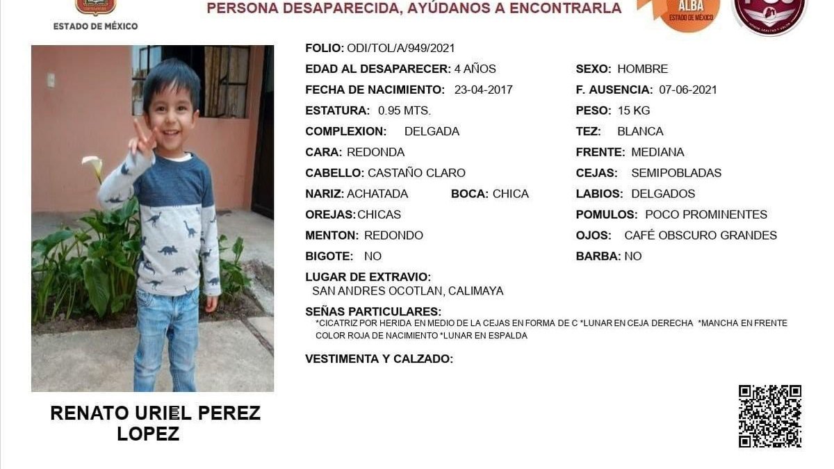 El_Universal_Mx's tweet photo. ¿Lo has visto? Renato Uriel Pérez López de 4 años de edad, fue visto por última vez el día 07 de Junio 2021, en San Andrés Ocotlán en el municipio de Calimaya.

Si conoces su paradero comunícate con las autoridades correspondientes. https://t.co/GTL8MdHi58