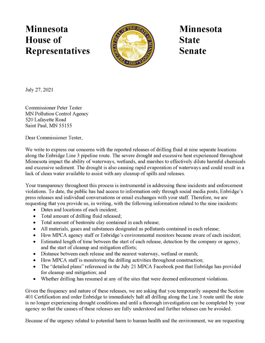 HonorTheEarth's tweet photo. Today, 32 legislators drafted a letter asking @MnPCA for data on 9 drilling accidents and temporary suspension of Line 3 permit. 

Can you take a second to call Commissioner @lbishopw  at 651-296-6300 and ask her to listen to these legislators? #StopLine3 https://t.co/IPpETJ7Kni