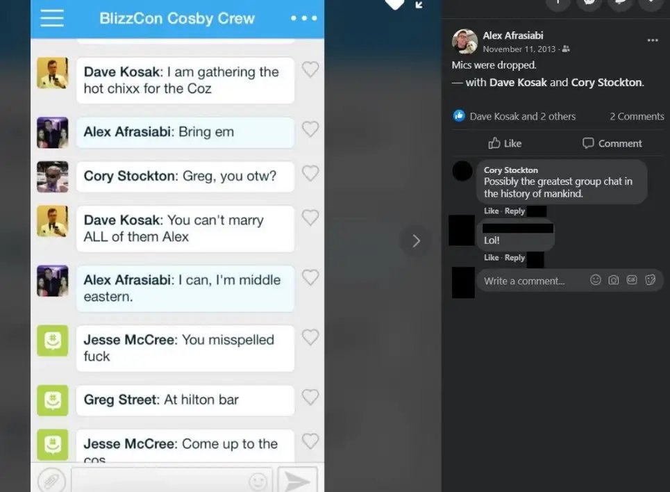 Scapes's tweet photo. There was a "BlizzCon Cosby Crew" group chat.

Warning: these images are nauseating and infuriating.

#ActiBlizzWalkout

➡ https://t.co/TWVhDi3RJa https://t.co/ijGCVnhRFB