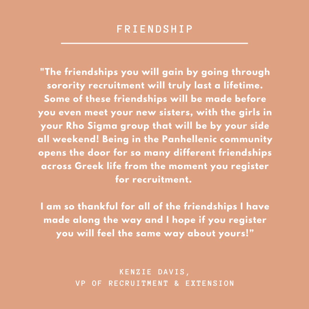 Friendship is the first of four core values that the Fraternity &amp; Sorority Life community holds.

Find your friendships that last a lifetime by registering for Panhellenic Recruitment at usi.edu/fsl or visiting the link in our bio!