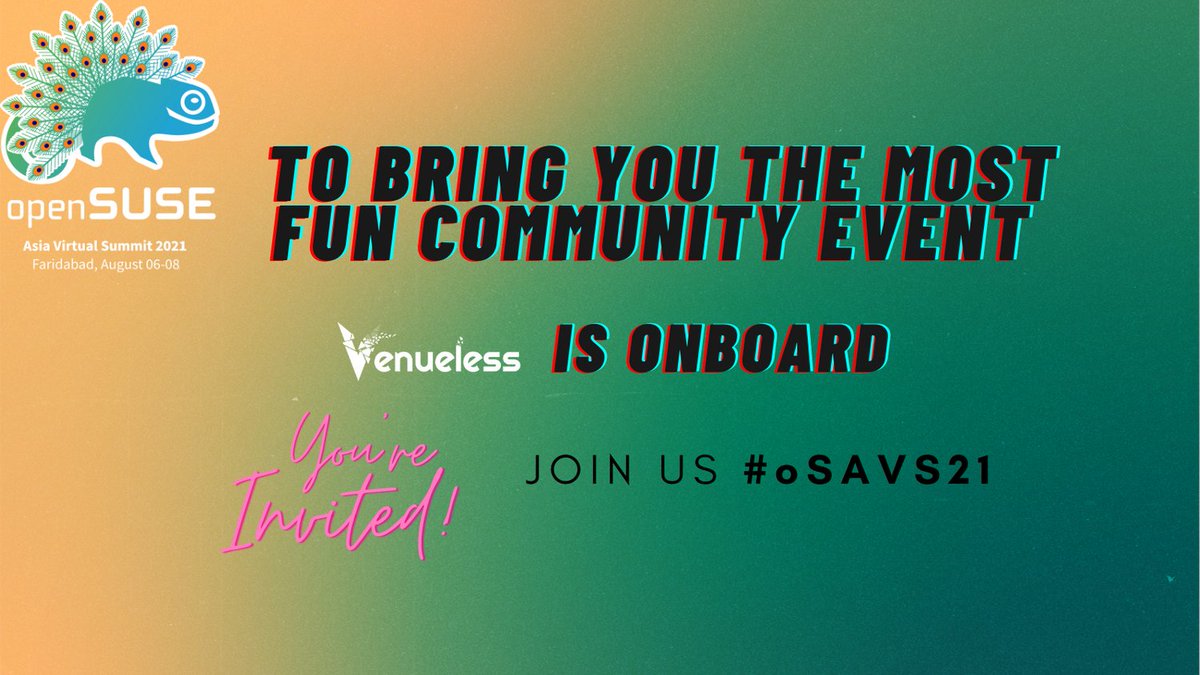 This virtual event season, we expect to bring you the best virtual community event expereince because only being informative is never enough!. Get your free tickets now by registering at events.opensuse.org
 #oSAVS21 #opensuse #opensuseindia #linux #opensuseasia #foss