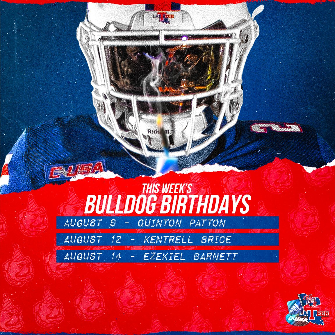 LATechFB's tweet photo. It's time to wish a couple of former Bulldog greats @PattonBoy_11 and @KentrellBrice and current Tech senior @zekebarnett_ a very HAPPY BIRTHDAY!🎉🎂🥳 https://t.co/45vCafR8F4