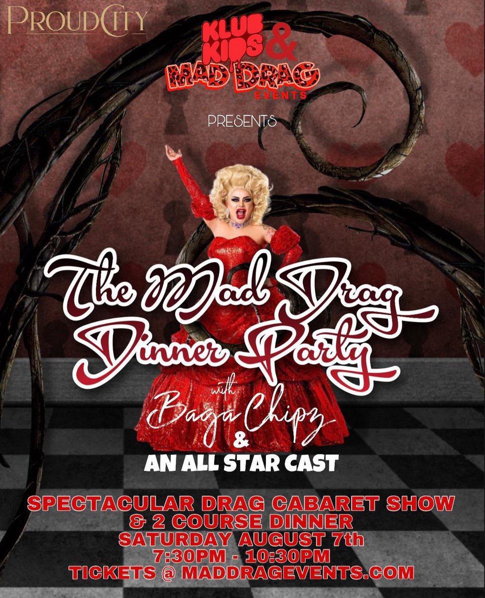 MadDragEvents's tweet photo. MAD DRAG DINNER IS BACK ! 😍🥂

With #DragRaceUK star @ChipShopBird BAGA CHIPZ ✨

A spectacular drag cabaret experience over a 2 course dinner 🍾

Saturday August 7th @ProudCabaret City ✨🥂

Tickets @ https://t.co/i9zEALbZhQ 

#London #DragRace #Gay #LGBT #Cabaret #DragShow https://t.co/UPjfLhVdoi