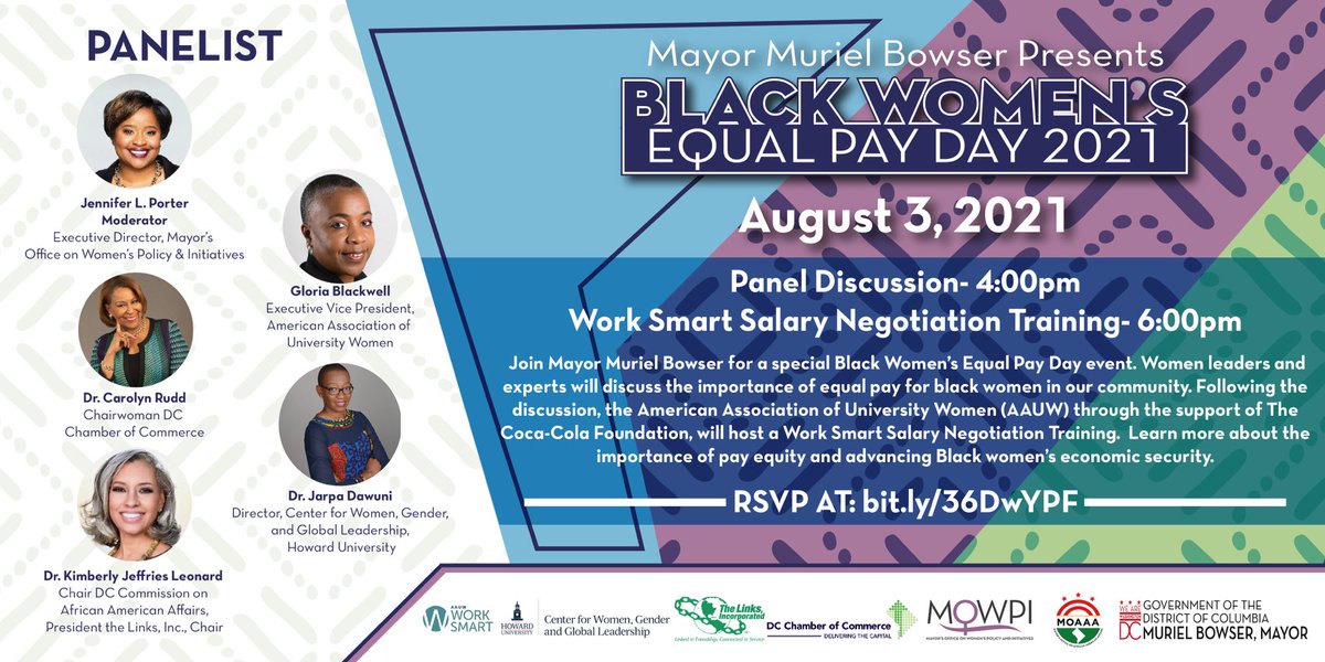 Join us for Black Women’s Equal Pay Day on August 3rd for a powerful discussion on the importance of equal pay for black women in our community. 

Following the discussion, <a href="/AAUW/">AAUW</a> will lead a Work Smart Salary Negotiation Training! 

Register here: bit.ly/36DwYPF
